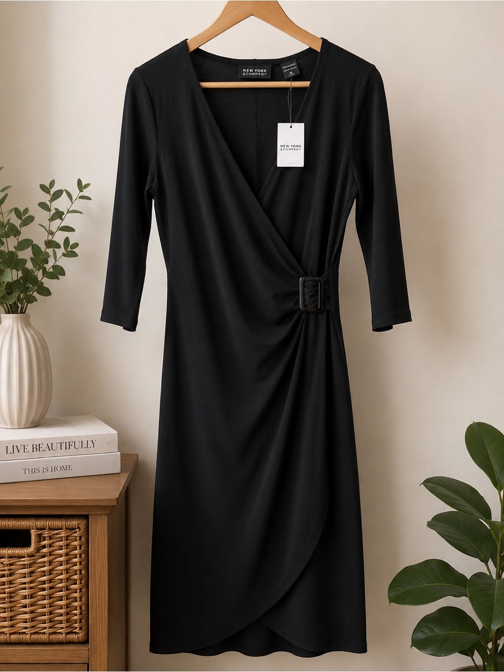 New York & Company Black Faux Wrap Buckle Dress | Size Medium | Stretch Knit - Picture 4 of 7